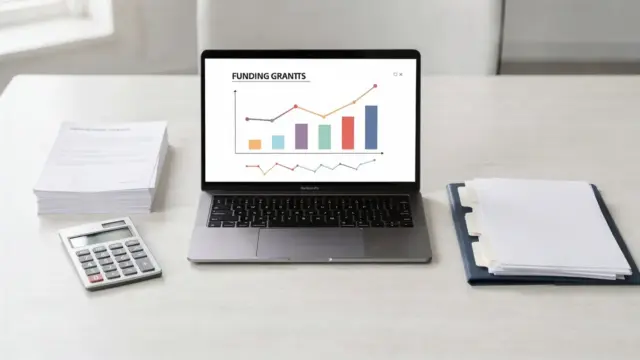 Bürodesk mit Formularen, Taschenrechner und Laptop zum Thema Zuschuss oder Förderkredit
