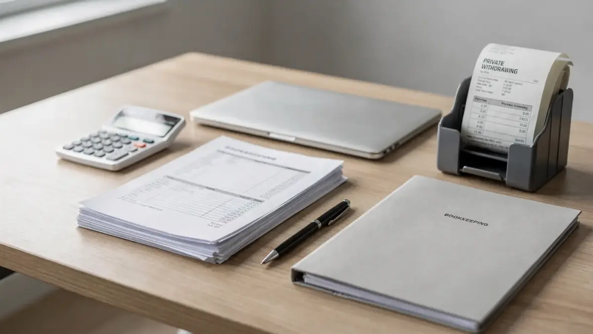 Bürodesk mit Belegen und Rechner zum Thema Privatentnahmen steuer bei Unternehmern