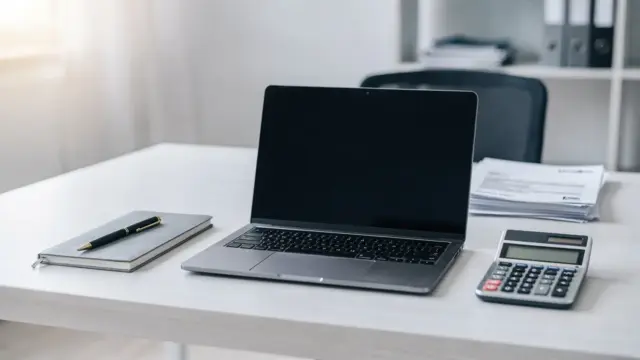 UG-Gründung: Schreibtisch mit Laptop, Unterlagen und Rechner in hellem Büro
