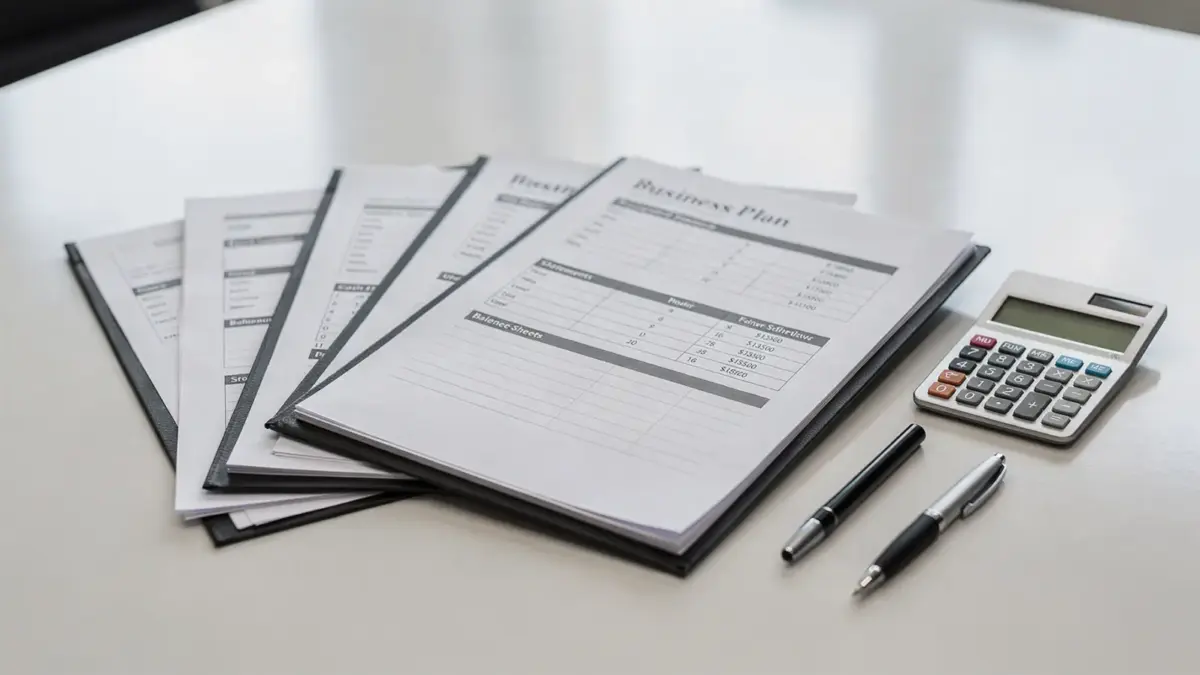 Bankunterlagen für den Businessplan auf einem Schreibtisch mit Finanzdokumenten und Rechner