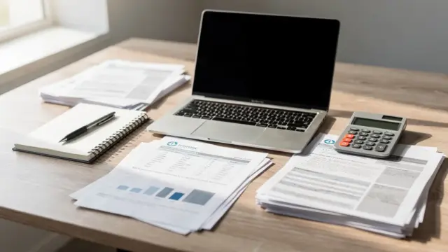 Freiberufler-Arbeitsplatz mit Laptop, Unterlagen und Rechner zum Thema Versicherungen für Freiberufler