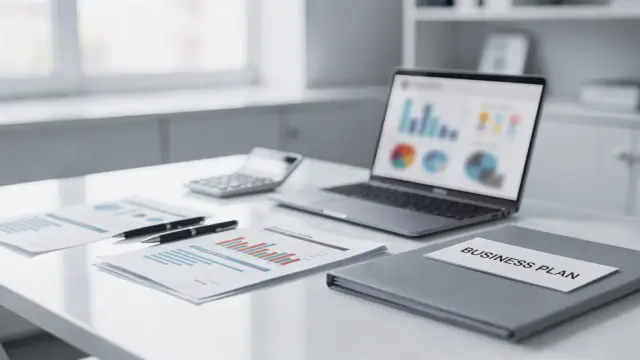 Bank prüft Businessplan-Unterlagen mit Zahlen, Kalkulation und Sicherheiten