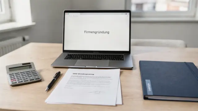 Unterlagen und Büroausstattung zur Gründung einer OHG mit Verträgen, Taschenrechner und Laptop