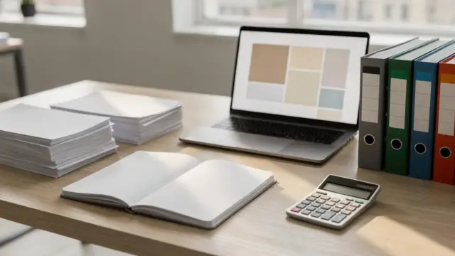 Sortierte Eingangs- und Ausgangsrechnungen auf einem Bürotisch für korrektes Buchen