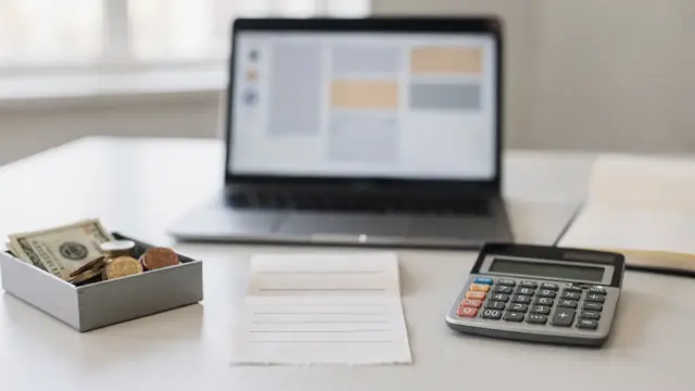Kassenbelege und Barzahlungen für die Buchhaltung auf einem Schreibtisch mit Beleg, Kasse und Taschenrechner