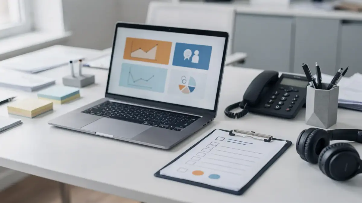 After-Sales im Kleinunternehmen: Arbeitsplatz mit Laptop, Checklisten und Service-Tools