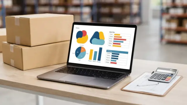 Lagerbestand, Laptop und Taschenrechner zur Finanzierung von Warenbestand und Liquidität