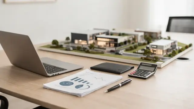 Unternehmenswachstum: Büro mit Laptop, Unterlagen und Charts zur Finanzierung von Expansion und Investitionen
