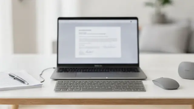 Laptop mit Online-Vertrag und Unterlagen auf dem Schreibtisch zur Frage, wie ein Vertrag online zustande kommt