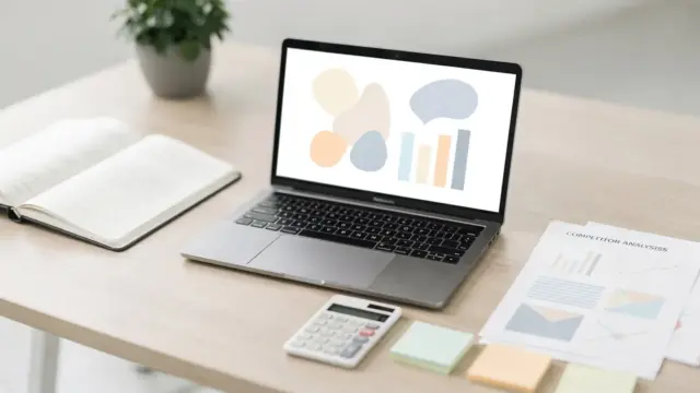 Gründerin analysiert Markt und Konkurrenz mit Laptop, Notizen und Unterlagen zur Wettbewerbsanalyse vor der Gründung.