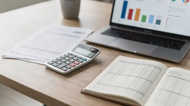 BWA erstellen im Büro mit Taschenrechner, Tabellen und Laptop für die betriebswirtschaftliche Auswertung