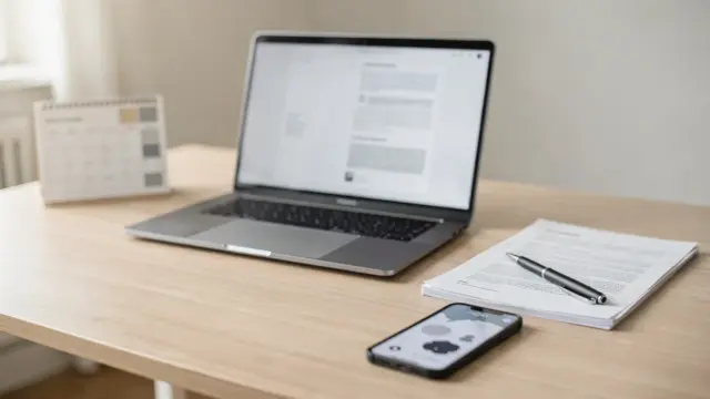 Laptop, Vertrag und Kalender zum Widerrufsrecht bei Online-Verträgen auf einem Schreibtisch