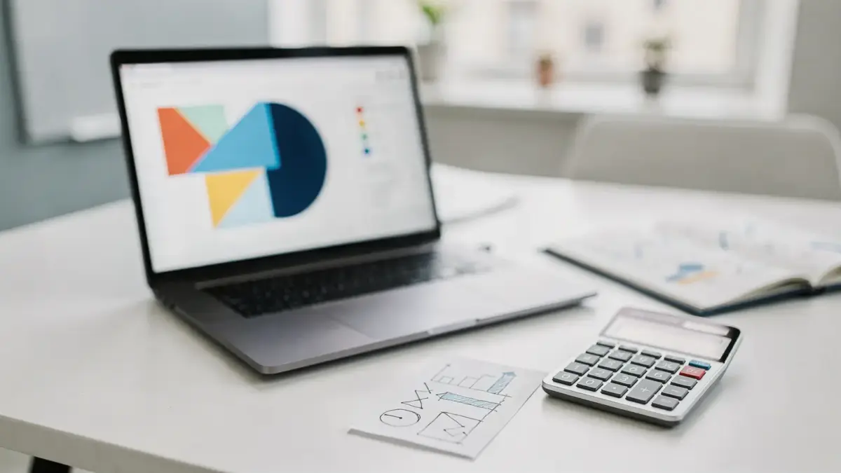 Laptop mit Vertriebsanalyse-Dashboard, Notizbuch und Taschenrechner zum Thema Lead-to-Customer-Quote