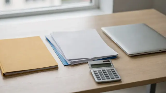 Vergleich von Einzelunternehmen, UG und GmbH mit Unterlagen, Taschenrechner und Laptop im Büro