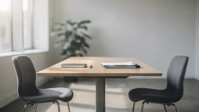Vorbereiteter Besprechungsraum für schwierige Mitarbeitergespräche mit Stühlen, Notizbuch und Ordner