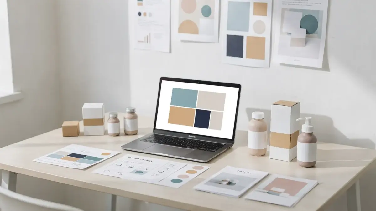Kleine Unternehmenszentrale mit Strategie-Notizen, Laptop und Moodboard zum Thema Positionierung für kleine Unternehmen