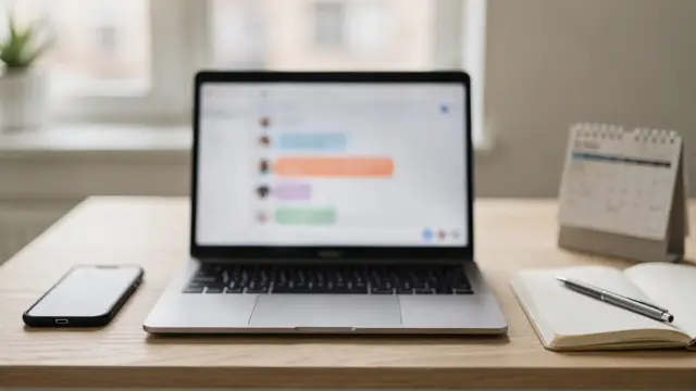 Büro-Setup mit Laptop, Smartphone und Kalender zu Teamkommunikation-Tools für kleine Unternehmen