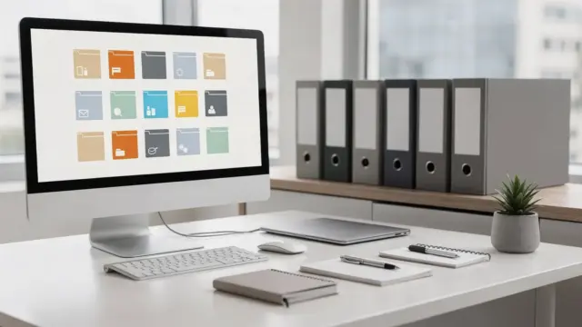 Zentrale Dateiablage im Unternehmen mit geordneten Ordnern und Archivboxen im Büro