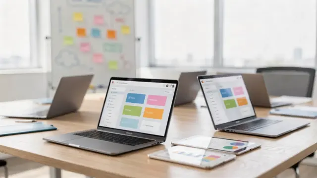 Teamarbeitsplatz mit Cloud-Tools für Zusammenarbeit auf Laptop und Tablet