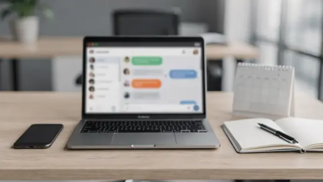 Laptops und Smartphone auf Schreibtisch zum Thema Teamkommunikation Tools für kleine Unternehmen