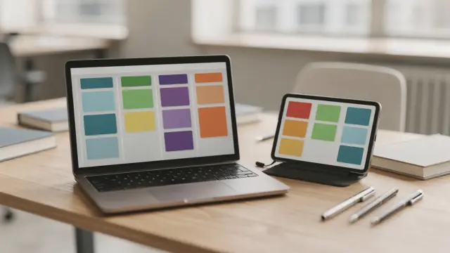 Digitales Aufgabenverwaltung-Tool in einem kleinen Team mit Laptop und Kanban-Board
