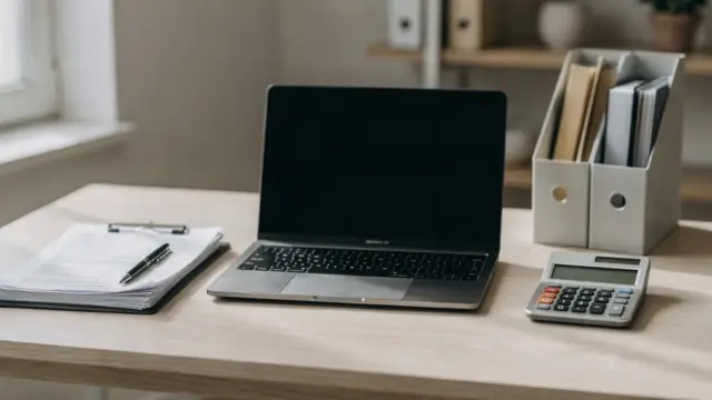 Homeoffice mit Laptop, Taschenrechner und Unterlagen zur Finanzamt-Anmeldung als Selbstständiger