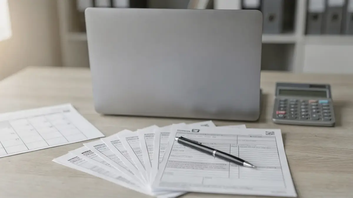 Büro mit Unterlagen zur Umsatzsteuervoranmeldung, Kalender, Laptop und Taschenrechner