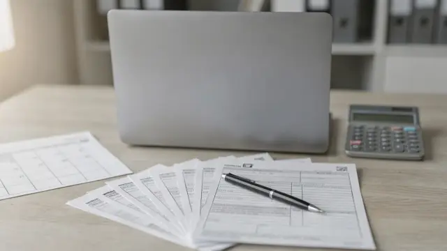 Büro mit Unterlagen zur Umsatzsteuervoranmeldung, Kalender, Laptop und Taschenrechner