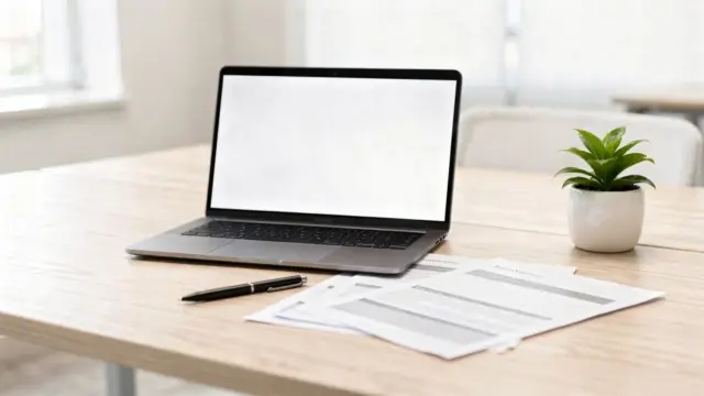 Kleine Unternehmen: Stellenanzeige am Schreibtisch mit Laptop, Unterlagen und Stift