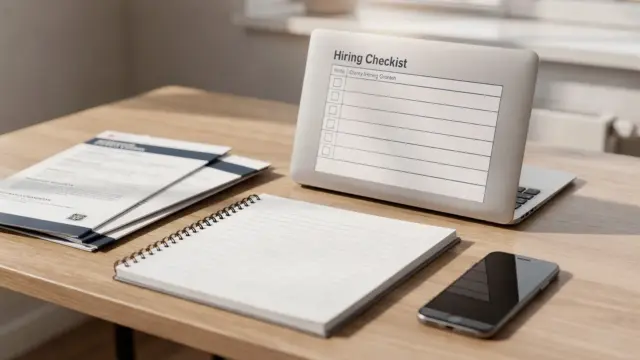 Kleine Unternehmensführung mit Laptop und Unterlagen zum Recruiting ohne Personalabteilung