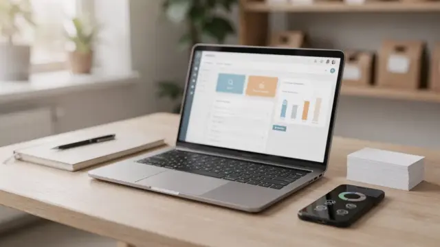 Kleinunternehmer am Schreibtisch mit Laptop und Notizen zu Maßnahmen für neue Kunden