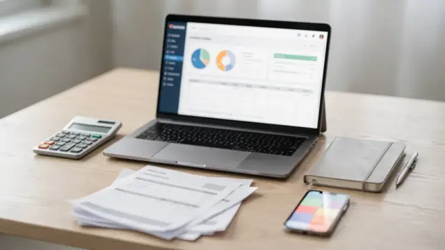 Buchhaltungssoftware für Selbstständige auf einem Homeoffice-Schreibtisch mit Laptop, Belegen und Taschenrechner