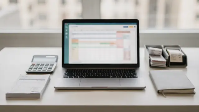 Vorbereitende Buchhaltung mit Laptop, Belegen, Taschenrechner und Ordnern auf einem Schreibtisch
