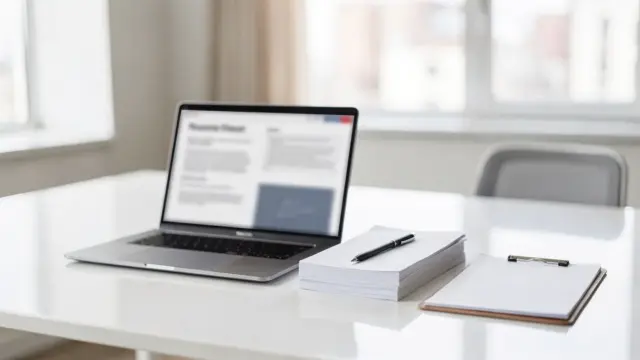 Kundenvertrag erstellen: Laptop, Vertragsdokumente und Stift auf einem Büroschreibtisch