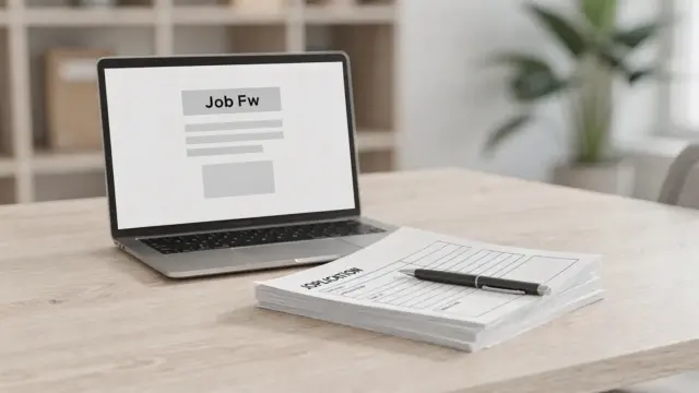 Tisch mit Laptop, Bewerbungsunterlagen und Stift zur Stellenanzeige für kleine Unternehmen