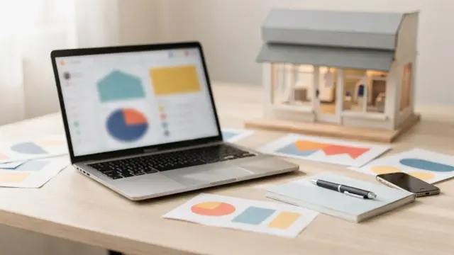 Kleinunternehmen: Arbeitsplatz mit Marketingunterlagen und Laptop zum Thema Kunden gewinnen