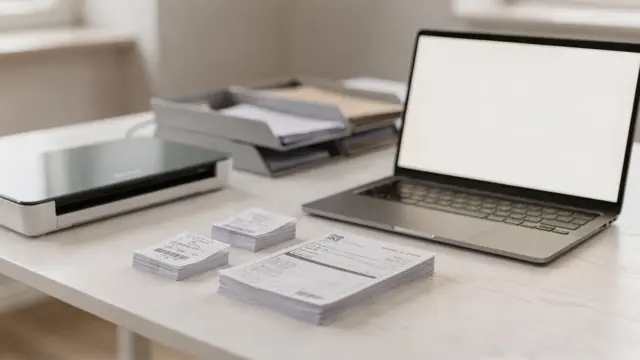 Scanner und Belege auf Schreibtisch zum Digitalisieren von Rechnungen und Belegen