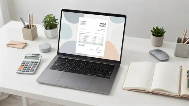 Laptop mit Rechnungssoftware und Büroartikeln auf einem Schreibtisch zum Thema Rechnungen erstellen Tool