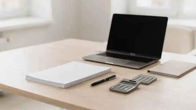 Büro-Setup zum Angebot formulieren mit Laptop, Dokumenten, Stift und Ordner auf einem Schreibtisch