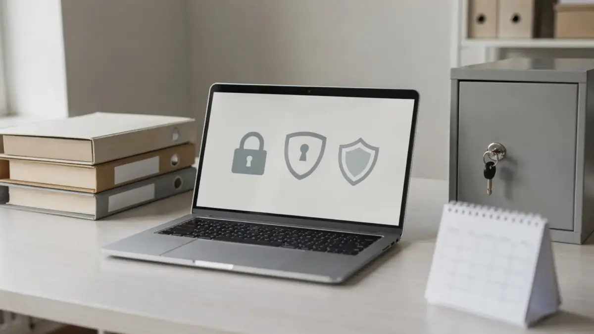 Büro mit Laptop, Akten und Schloss als Motiv zu DSGVO-Pflichten für kleine Betriebe
