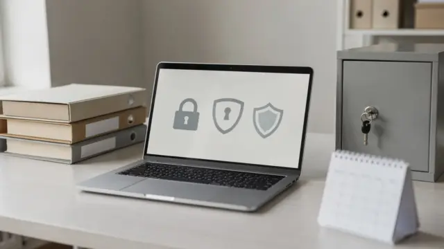 Büro mit Laptop, Akten und Schloss als Motiv zu DSGVO-Pflichten für kleine Betriebe