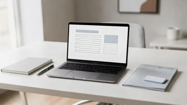 Strukturierter Arbeitsplatz zum Onboarding von Mitarbeitern mit Laptop, Checkliste und Willkommensmappe