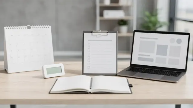 Einarbeitung im Büro: Laptop, Checkliste und Kalender als Symbol für die Dauer der Mitarbeitereinarbeitung