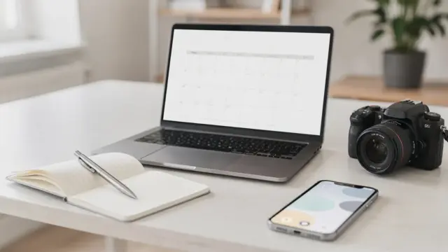 Content-Marketing für kleine Unternehmen: Laptop, Notizbuch und Kamera auf einem Schreibtisch