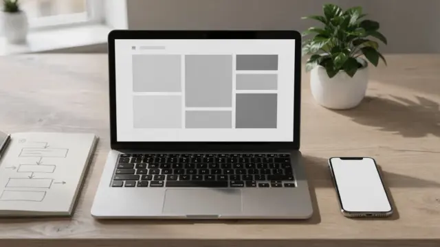 Laptop mit Landingpage-Wireframe und Notizen als Motiv zum Thema Landingpage-Tool und Leadgenerierung