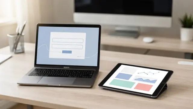 Website-CRM-Verbindung mit Laptop, Kontaktformular und CRM-Dashboard im Büro