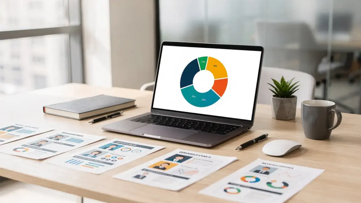 Marketing-Team analysiert Zielgruppenprofil auf Laptop und Papier für die Zielgruppe finden