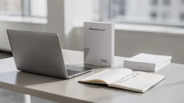 Onboarding-Fehler: Schreibtisch mit Laptop und Willkommensunterlagen für neue Mitarbeiter