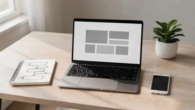 Laptop mit Landingpage-Wireframe und Notizen als Motiv zum Thema Landingpage-Tool und Leadgenerierung