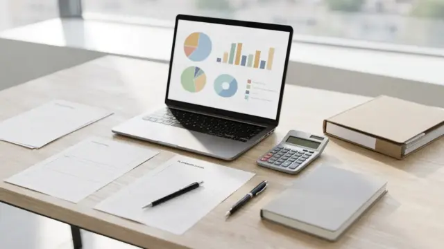 Businessplan erstellen: Schreibtisch mit Laptop, Unterlagen, Rechner und Notizbuch für die Planung